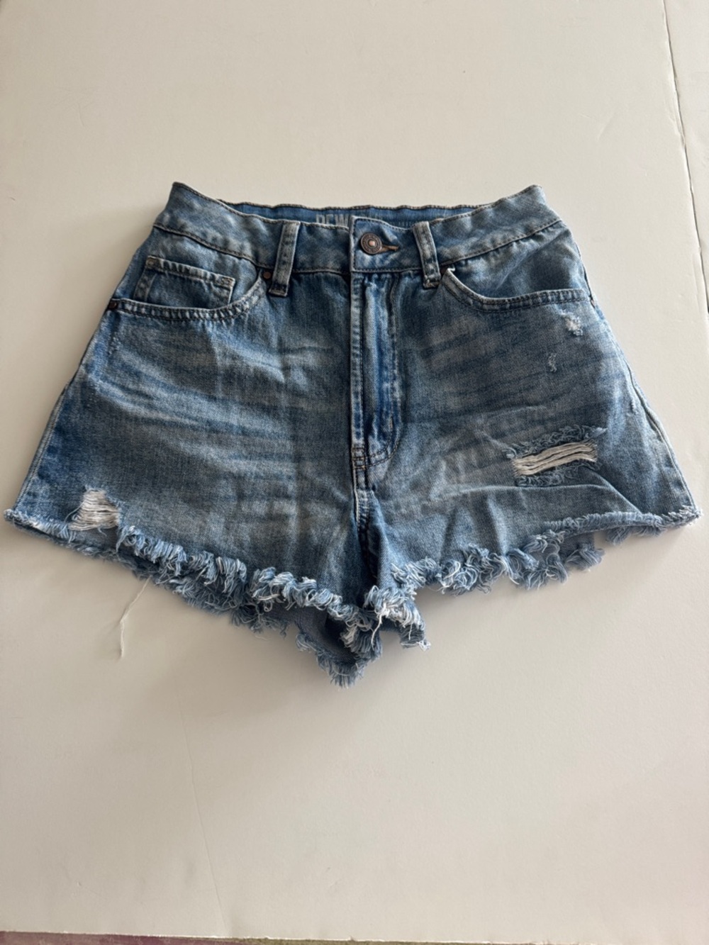 Rewash Distressed Frayed Hem Denim Shorts - Blue